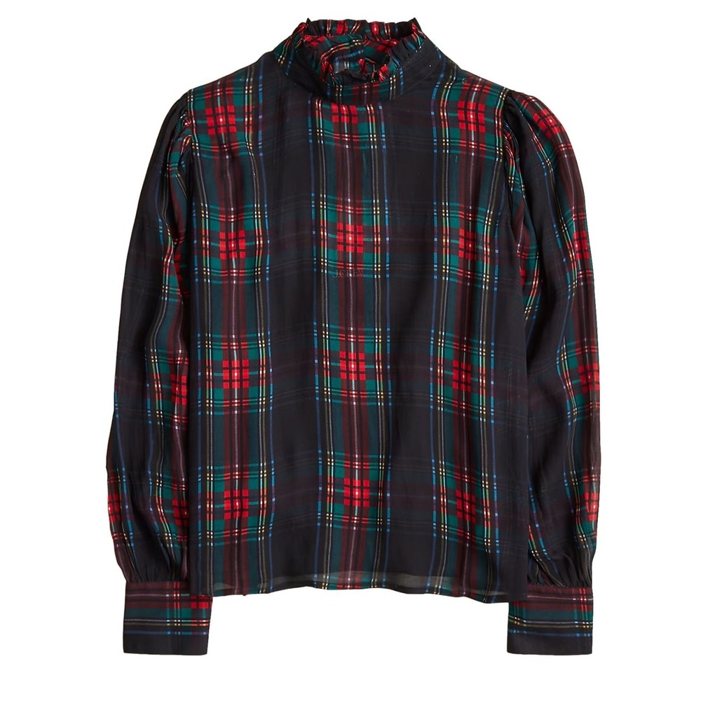 J.Crew Women's Ruffleneck Long Sleeve Stewart Tartan‎ Chiffon Blouse - Size 2X